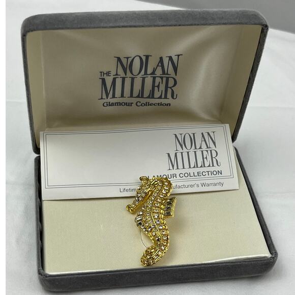 Vintage Nolan Miller Gold Crystal Rhinestone Seahorse Brooch Pin Nautical Brooch - Picture 1 of 8